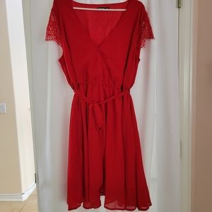 Shein Plus Eyelash Lace Sleeve Belted Dress